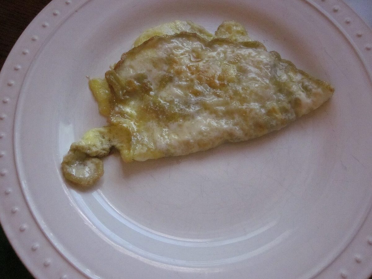 Złożony na pół złocisty omlet na białym talerzu
